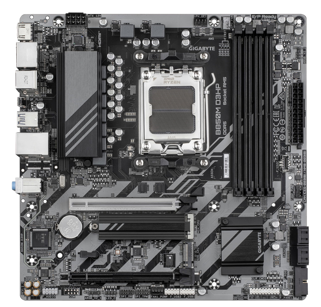 GIGABYTE B850M D3HP Placa Base - Procesadores AMD Ryzen Serie 9000, 5+2+2 Fases VRM Digitales, hasta 8200MHz DDR5 (OC), 1xPCIe 5.0 + 1xPCIe 4.0 M.2, LAN GbE, USB 3.2 Gen 2