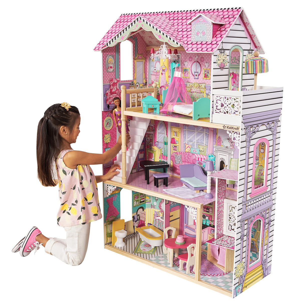 KidKraft Casa de muñecas de Madera Annabelle con Muebles y Accesorios incluidos, Casita de Juguete con Ascensor y balcón para muñecas de 30 cm, Juguetes niños y niñas Desde 3 años (65934)