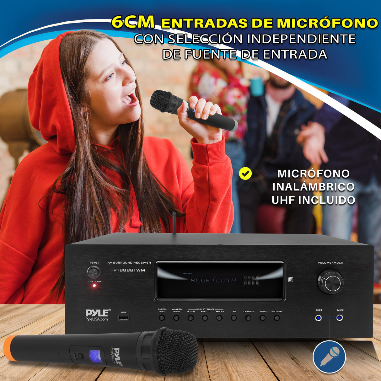 Pyle Amplificador de Sonido, 1000W, Bluetooth, Inalambrico, Sistema Receptor de Karaoke y Cine, para el hogar, Microfono inalambrico, 5.2 Canales, MP3/USB/HDMI/AM/FM Radio
