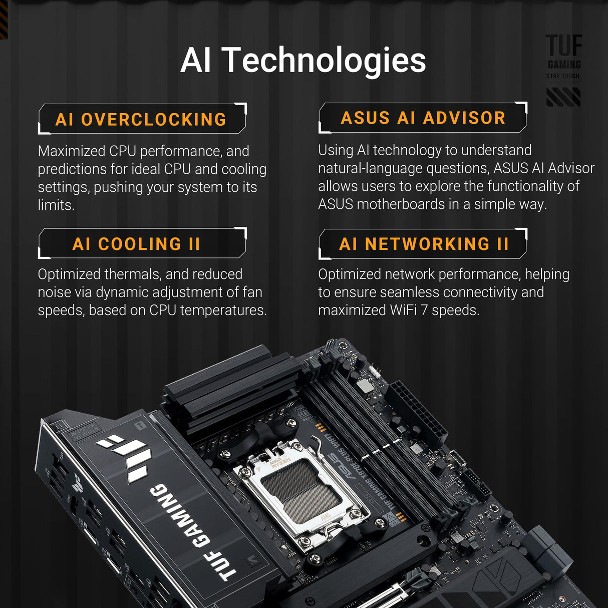 ASUS TUF Gaming X870E-PLUS WIFI7 Placa Base AMD X870E ATX, VRM de 16+2+1 Fases, DDR5, PCIe 5.0, Q-Release Slim, M.2, WiFi 7, USB4 Tipo-C, Aura Sync, AI Cooling II, AI Networking II y AI Overclocking