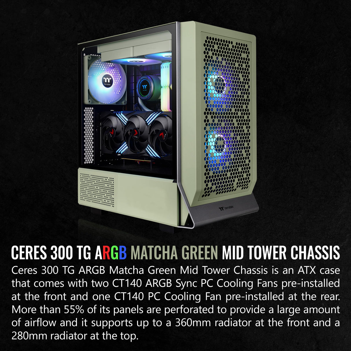 Thermaltake Ceres 300 Matcha Green Mid Tower E-ATX - Carcasa para computadora con Panel Lateral de Vidrio Templado; 2 Ventiladores CT140 ARGB preinstalados; Ranuras PCIe giratorias; CA-1Y2-00MEWN-00;