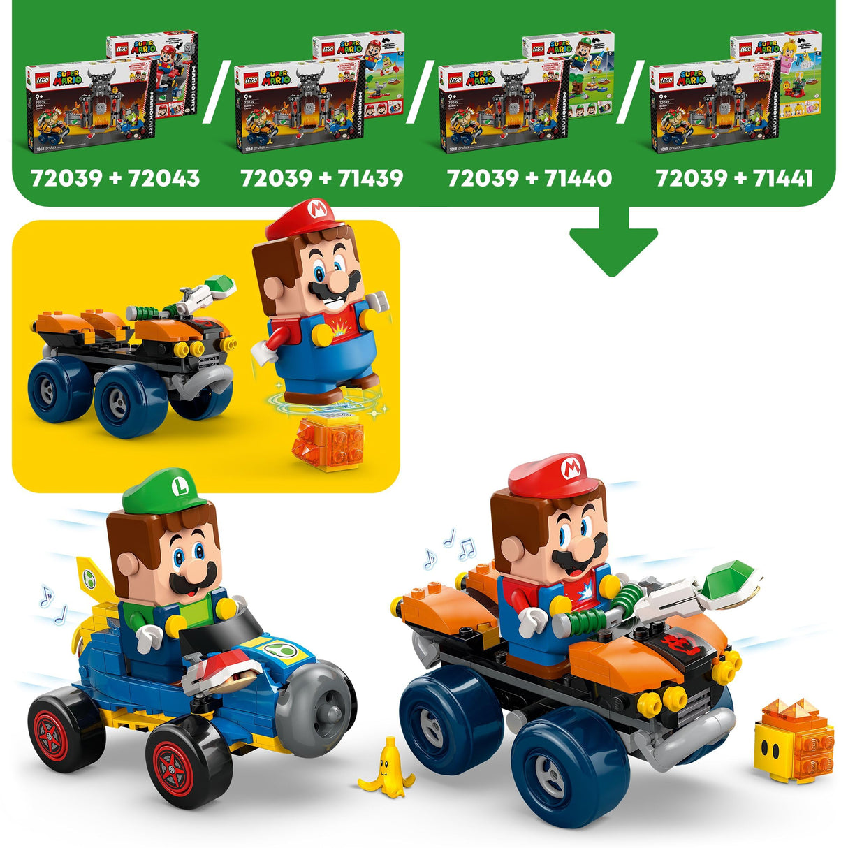 LEGO Super Mario: Mario Kart – Castillo de Bowser - Juego Interactivo con 2 Coches de Juguete y 4 Figuras Inc. Yoshi - Regalo de Nintendo para Niños y Niñas de 9+ Años 72039