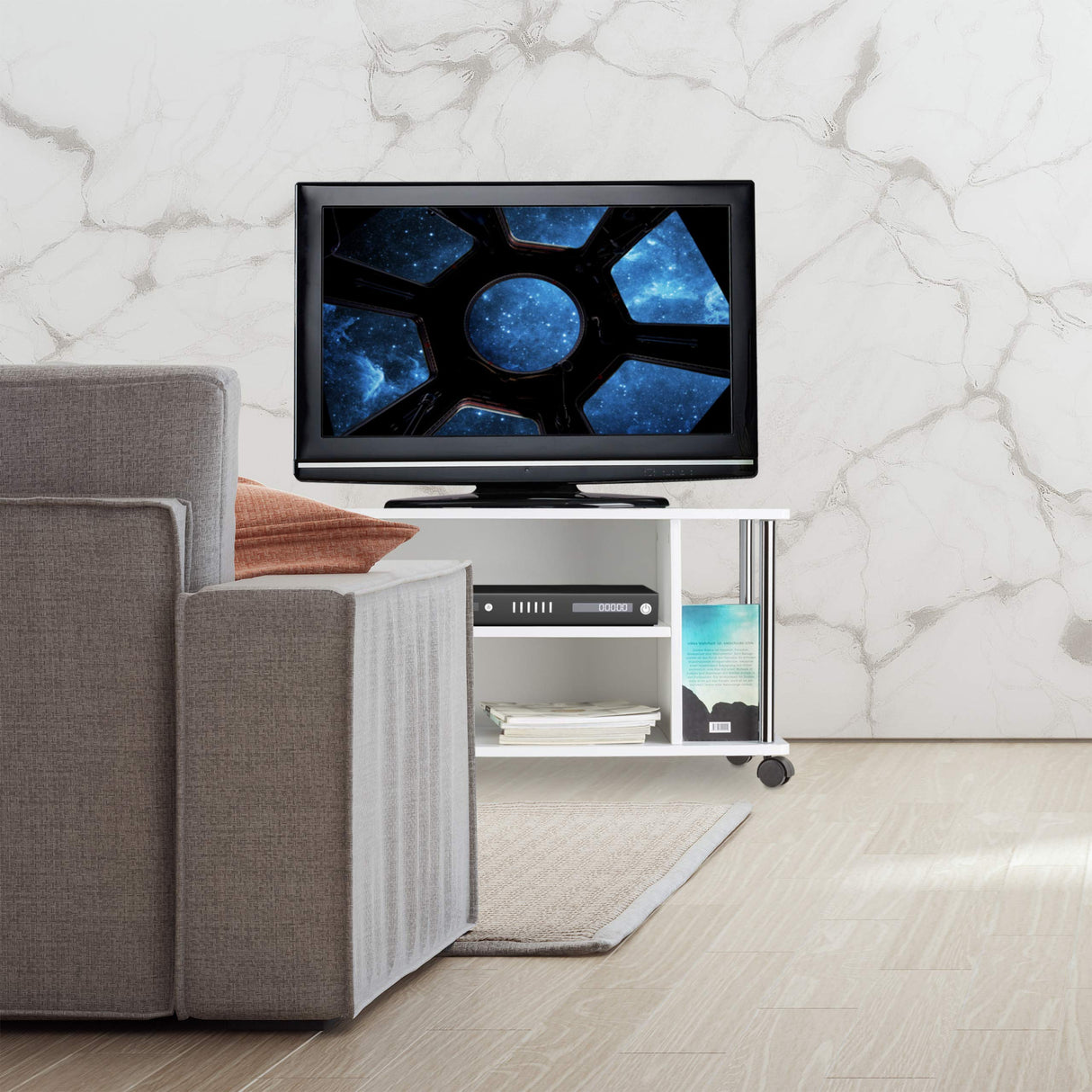 Relaxdays Mueble para TV con Ruedas, Madera-Acero Inoxidable, Blanco, 41.5 x 80 x 40 cm