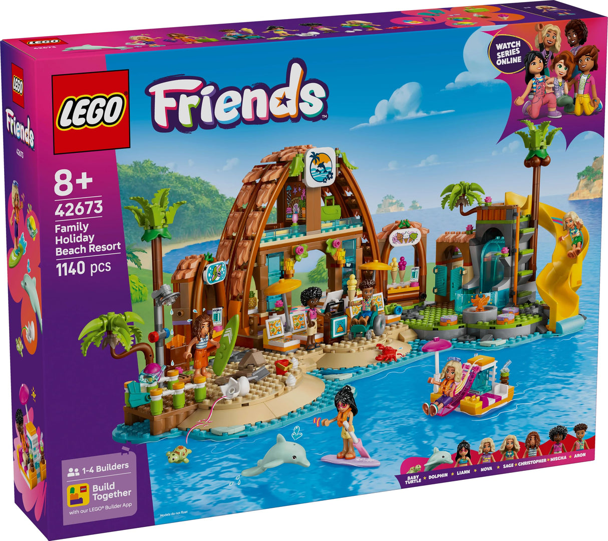 LEGO Friends Hotel de Vacaciones Familiares en la Playa - Juguete con 6 Mini Muñecas, Figuras de Animales (Tortuga y Delfín), Heladería y Accesorios - Regalo para Niñas de 8+ Años 42673