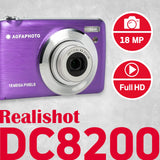 AGFA Photo Realishot DC8200 - Cámara Digital Compacta, 18MP, Video Full HD, Pantalla LCD 2.7'', Zoom Óptico 8X, Batería de Litio y Tarjeta SD de 16GB - Violeta