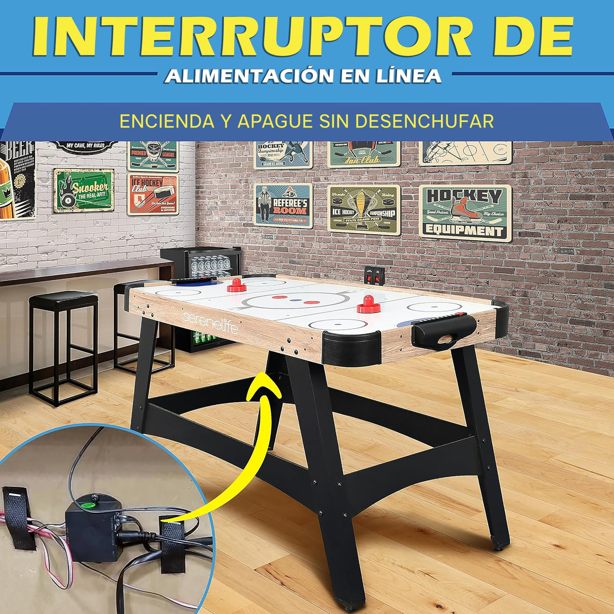 Serenelife mesa de hockey de aire de 58”, Motor dos veces mas fuerte, Marcador de puntos LED digital, Dispensador de discos