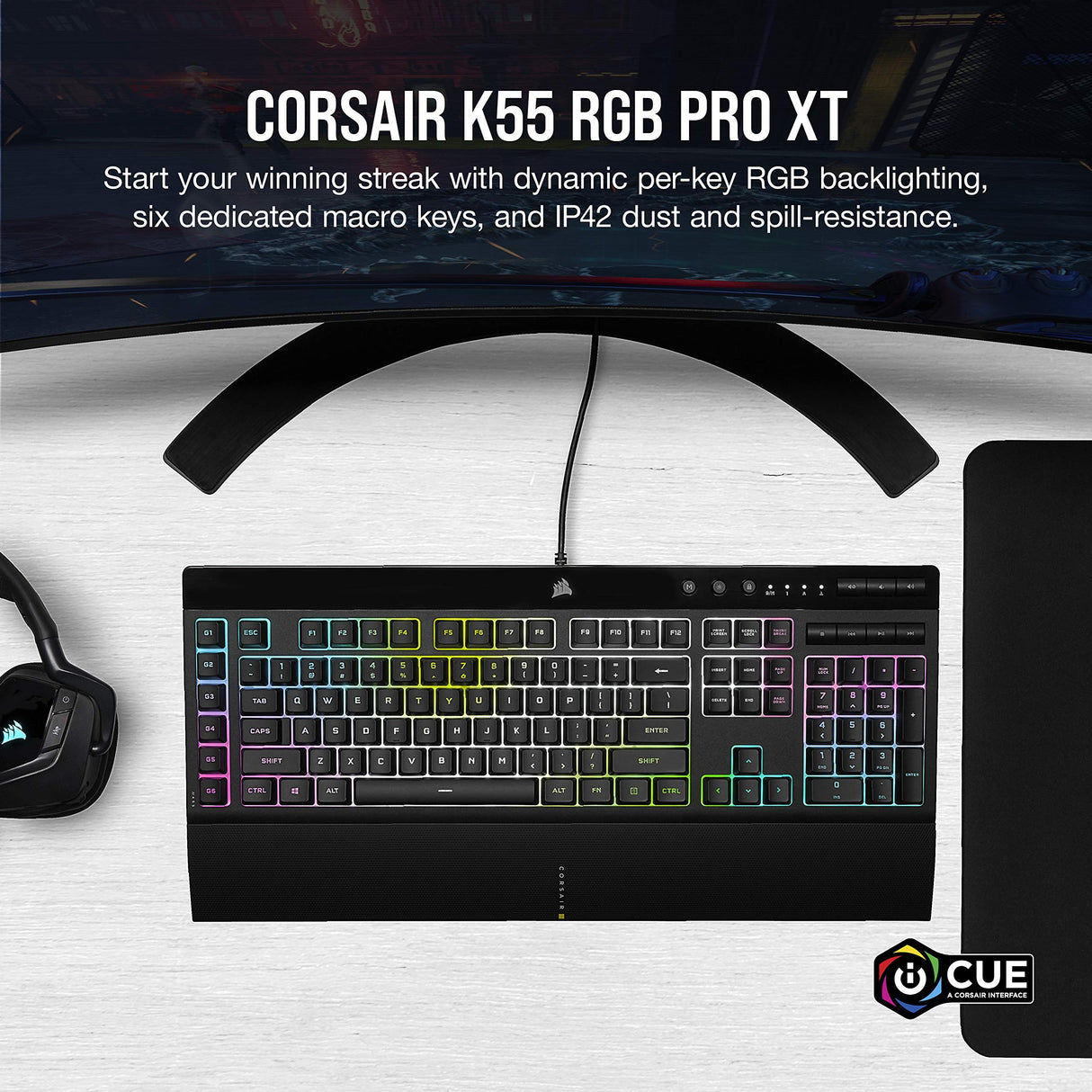 CORSAIR K55 RGB PRO XT Membrana Teclado para juegos con cable, IP42, resistente al polvo y a derrames, 6 teclas macro con integración Elgato, compatible con iCUE, QWERTY UK, PC, Mac, Xbox, color negro