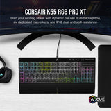 CORSAIR K55 RGB PRO XT Membrana Teclado para juegos con cable, IP42, resistente al polvo y a derrames, 6 teclas macro con integración Elgato, compatible con iCUE, QWERTY UK, PC, Mac, Xbox, color negro