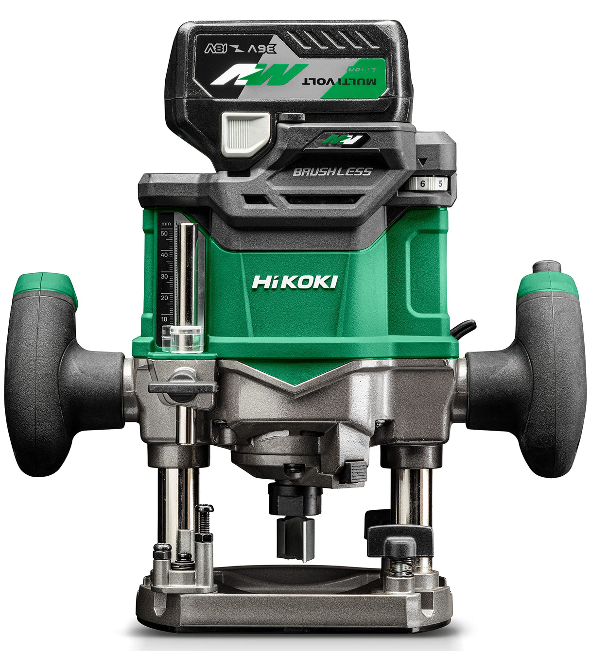 HiKOKI Akku-Oberfräse M3612DA (36V, Spannzange Ø 8/12 mm, 50 mm Hubhöhe, Brushless, Soft-touch, LED, verstellbare Handgriffe, Transportkoffer, Zubehör, inkl. 2x 2.5 Ah Akku und Ladegerät)