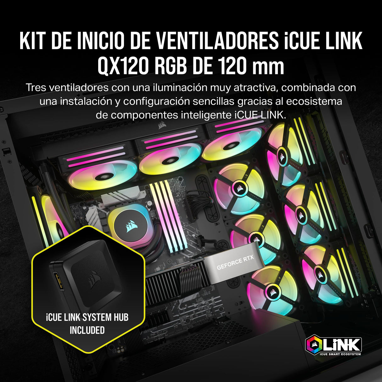 Corsair iCUE Link QX120 RGB 120mm de Cúpula Magnética Ventiladores de Triple Kit de Inicio con Concentrador de Sistema iCUE Link - Negro