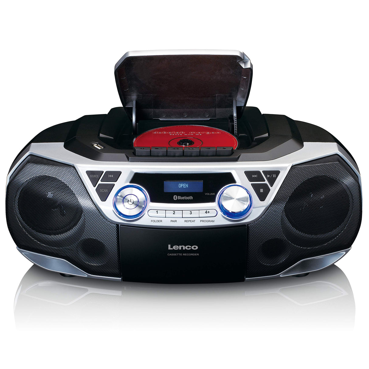 Lenco SCD-120SI - Boombox - Bluetooth 5.0 - Toploader Reproductor de CD/MP3 - Pletina de Casete - Radio FM - USB - 2 x 6 W RMS - Bass Reflex - Mando a Distancia - Plata