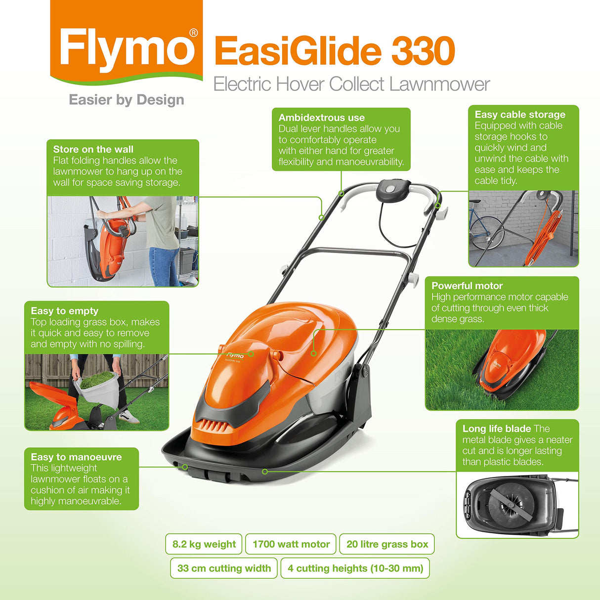 Flymo EasiGlide 330 - Cortacésped con Motor de 1700 W, 33 cm de Ancho de Corte, Caja de césped de 20 litros, se pliega en Plano, Longitud de Cable de 10 m