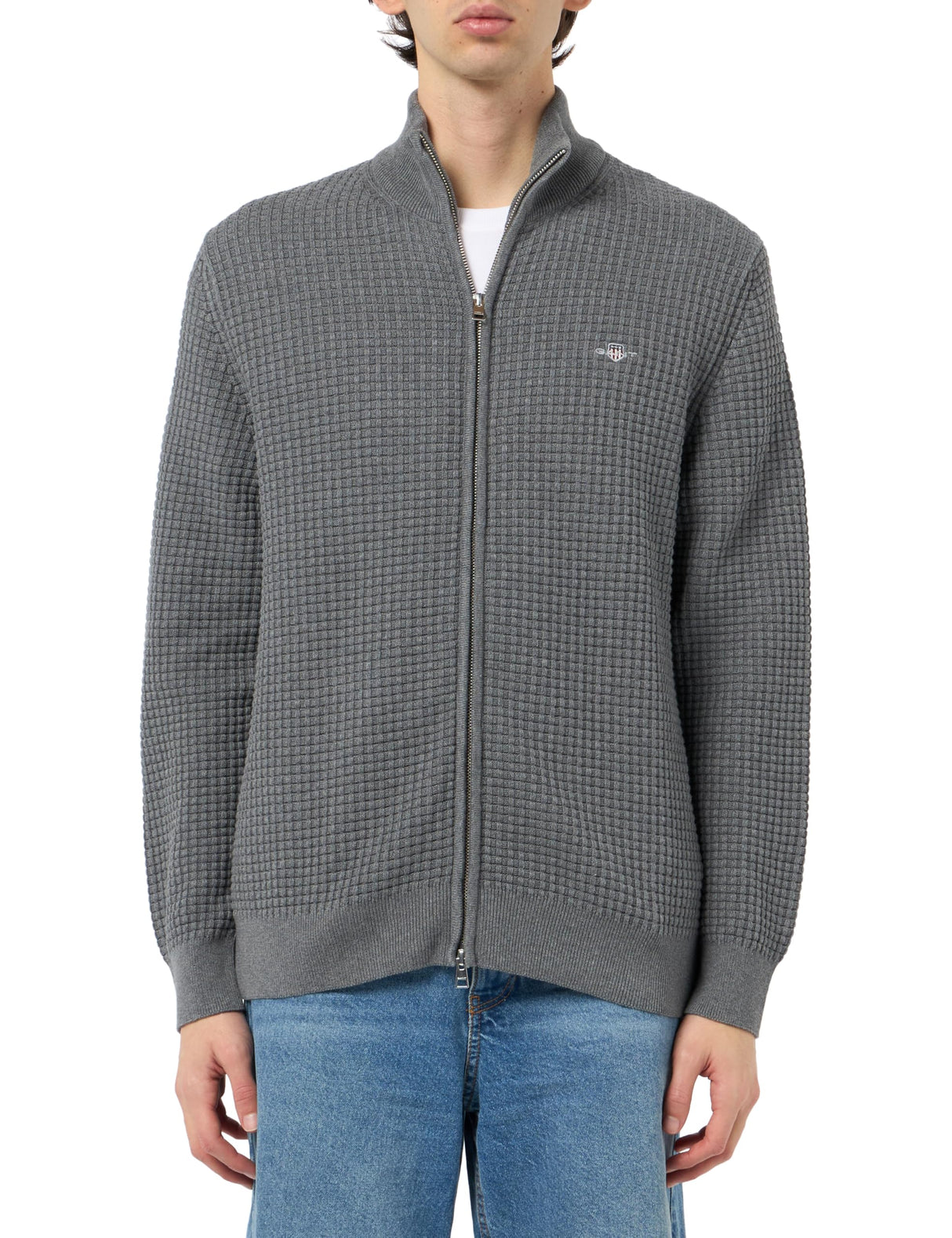 GANT Zipped Textured Cotton Cardigan Suéter, Gris Oscuro, M para Hombre