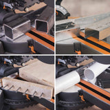 Evolution Power Tools R210SMS+ Ingletadora deslizante multimaterial de 210 mm, con paquete Plus, Corta acero dulce, aluminio, plástico, madera con clavos incrustados, 230 V