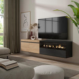 Skraut Home | Mueble TV | Televisión | Muebles de salón, almacenaje | 200x45x35cm | para TV hasta 80" | Chimenea eléctrica | Colgado, Suspendido | Estilo Moderno | Roble y Negro