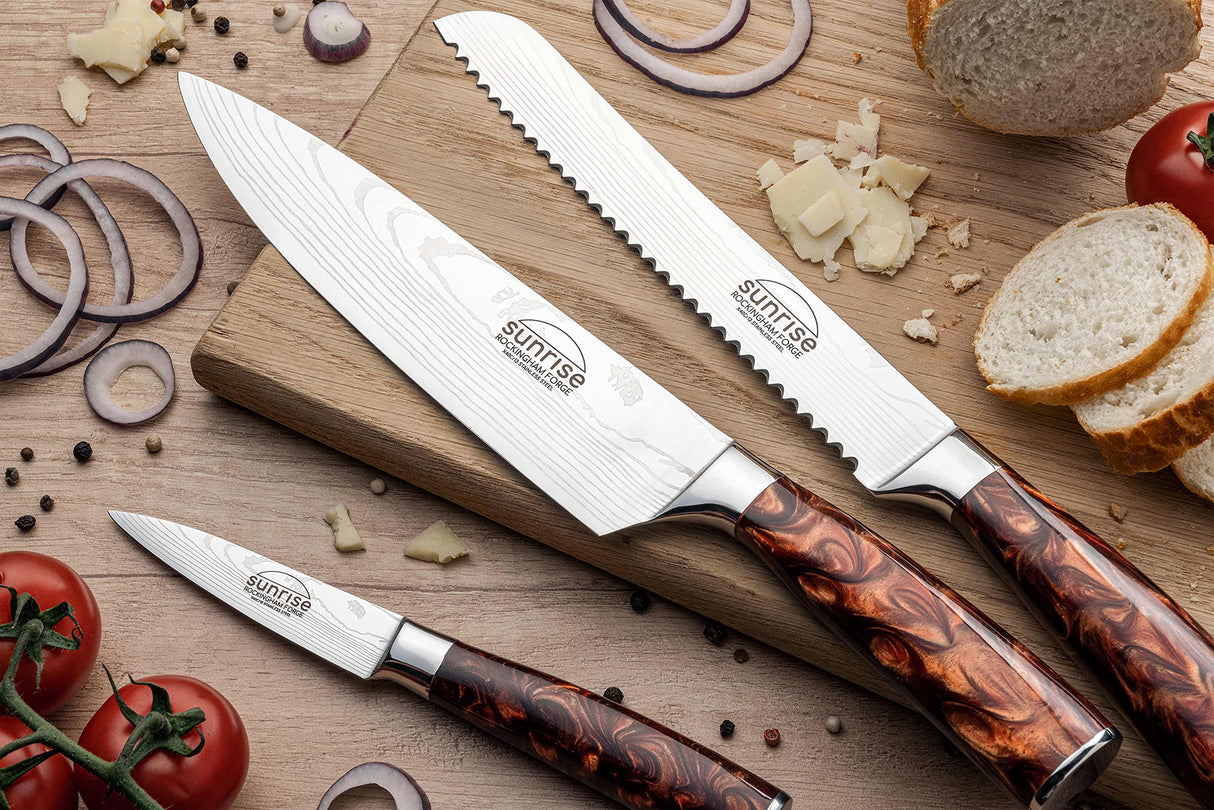 Rockingham Forge Juego de Cuchillos de Cocina de 3 Piezas, Serie Sunrise, Marrón Ambarino – Cuchillo de Cocinero, Cuchillo Para Pelar, Cuchillo Para Pan, RF-2130/3BR