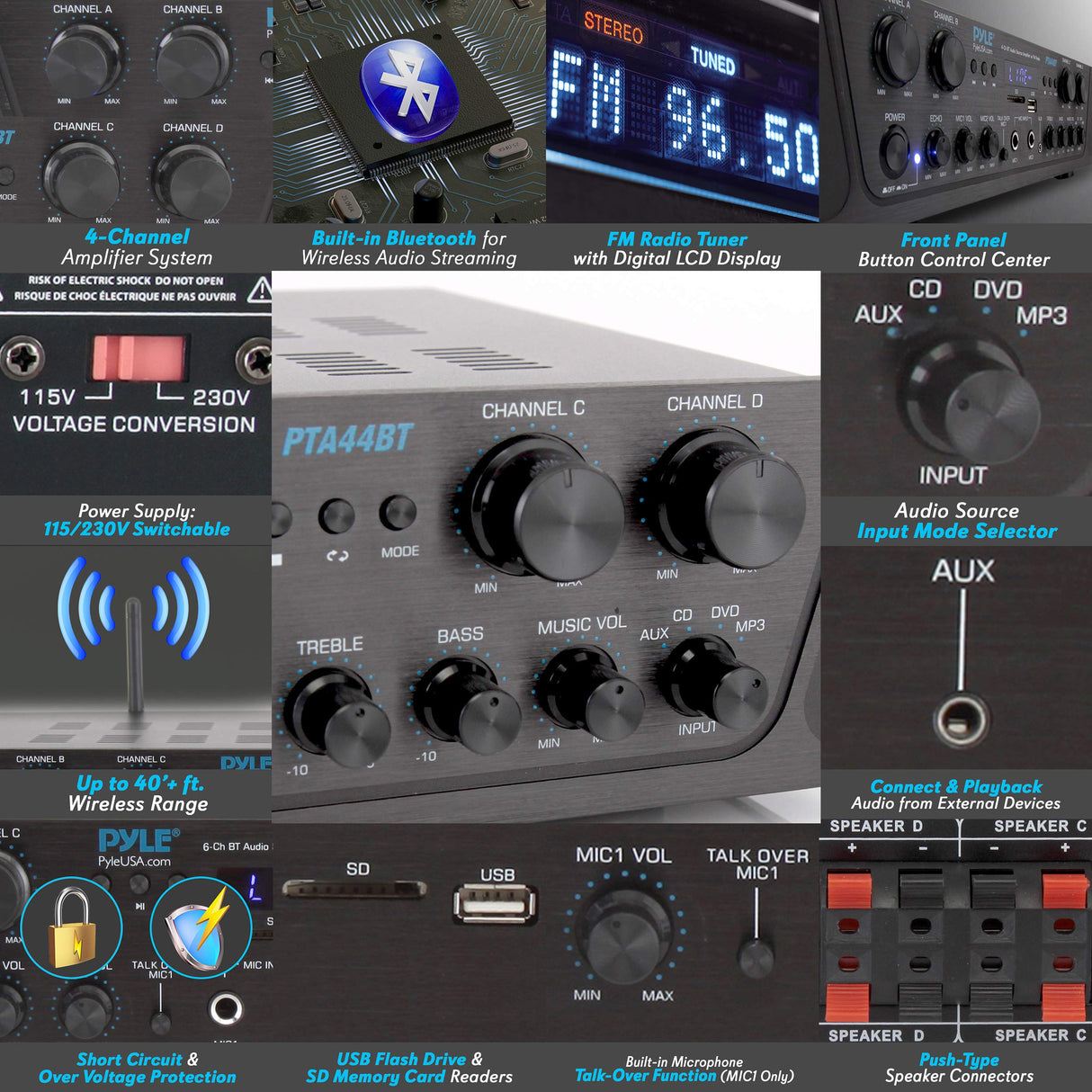 Pyle PTA44BT - Amplificador Bluetooth inalámbrico de 500 W, Audio estéreo de 4 Canales, Receptor de Potencia de Sonido con Entrada AUX, FM, Altavoces de subwoofer RCA, USB, Entrada de micrófono con