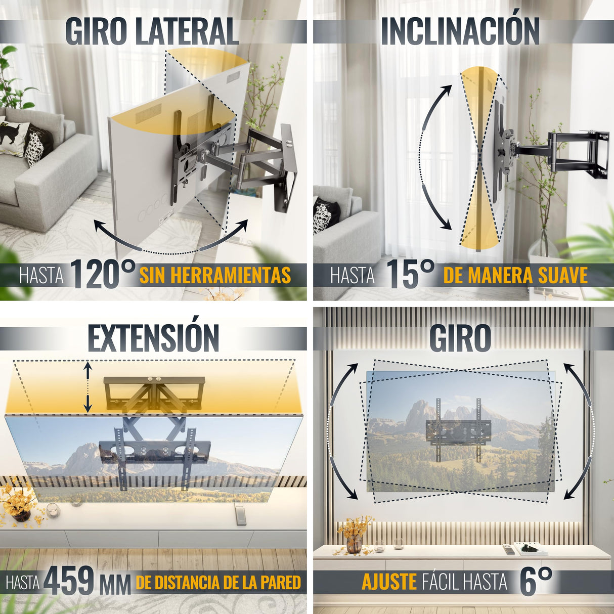 RICOO Soporte TV Pared Giratorio Inclinable Televisión 32-65" (81-165cm) R28 Brazo Universal Televisor LED/LCD/Curvo VESA 200x200-400x400 Negro