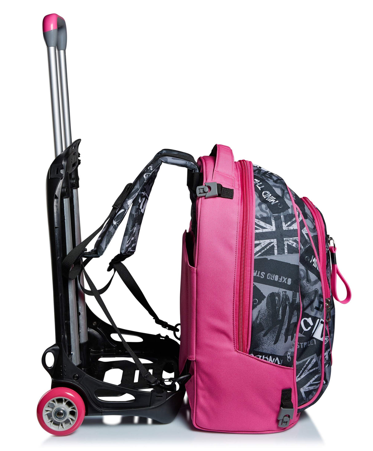 NEW TECH KEEP FLAG - Mochila Escolar 3 en 1 Desmontable + Carro, Trolley Rosa y Negro - Sistema Salva Tirantes