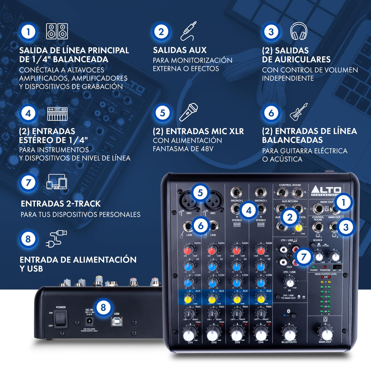 ALTO TrueMix 600 Mesa de Mezclas Con 2 Entradas XLR de Micrófono, Interfaz de Audio USB y Bluetooth Para Podcasts, Actuaciones en Vivo, Grabaciones, DJ, PC y Mac