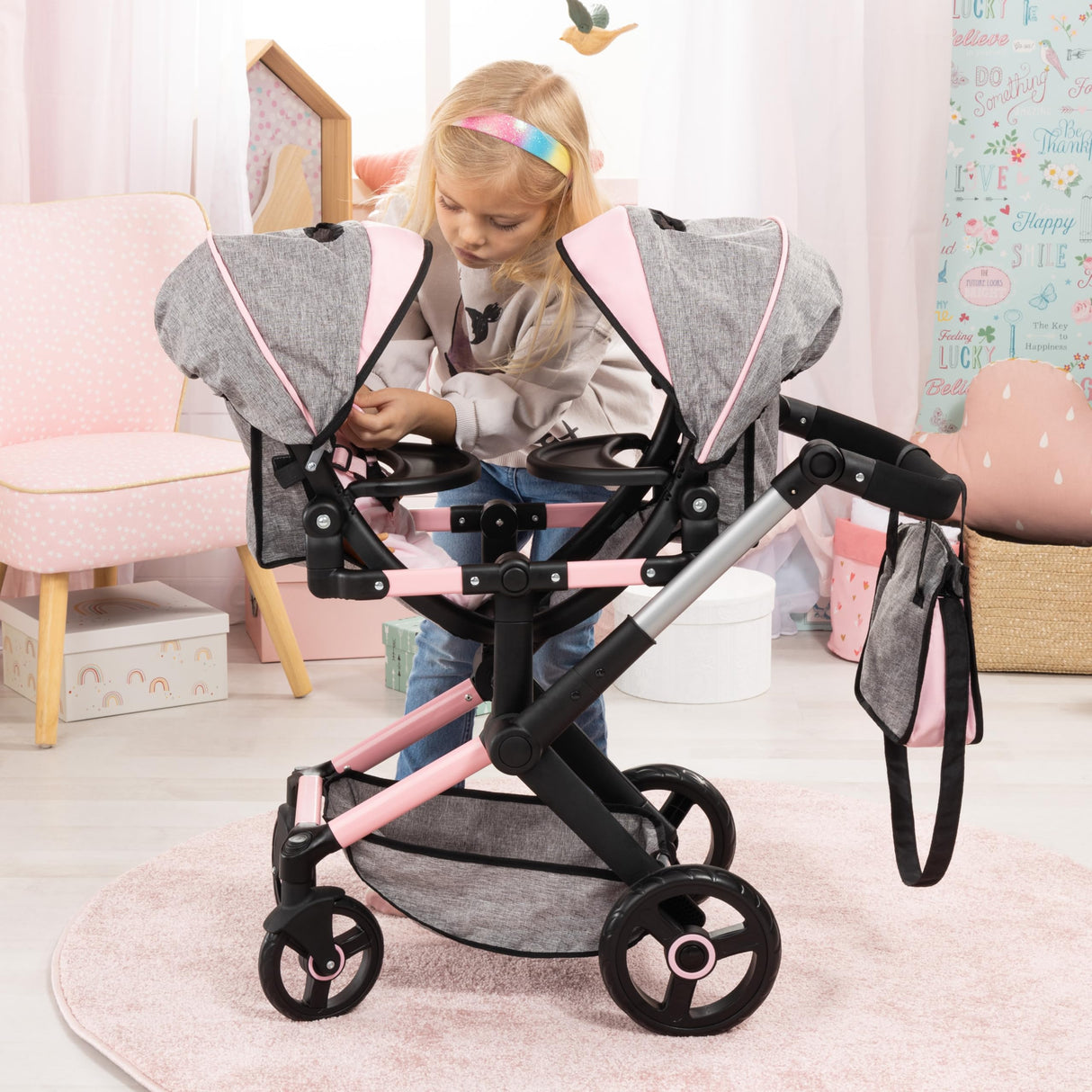 Bayer Design 26733AA Twin Xeo Cochecito de muñeca gemelas, Carrito Doble para muñecos, Altura Regulable, Ruedas Delanteras móviles, Bolsa