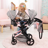 Bayer Design 26733AA Twin Xeo Cochecito de muñeca gemelas, Carrito Doble para muñecos, Altura Regulable, Ruedas Delanteras móviles, Bolsa
