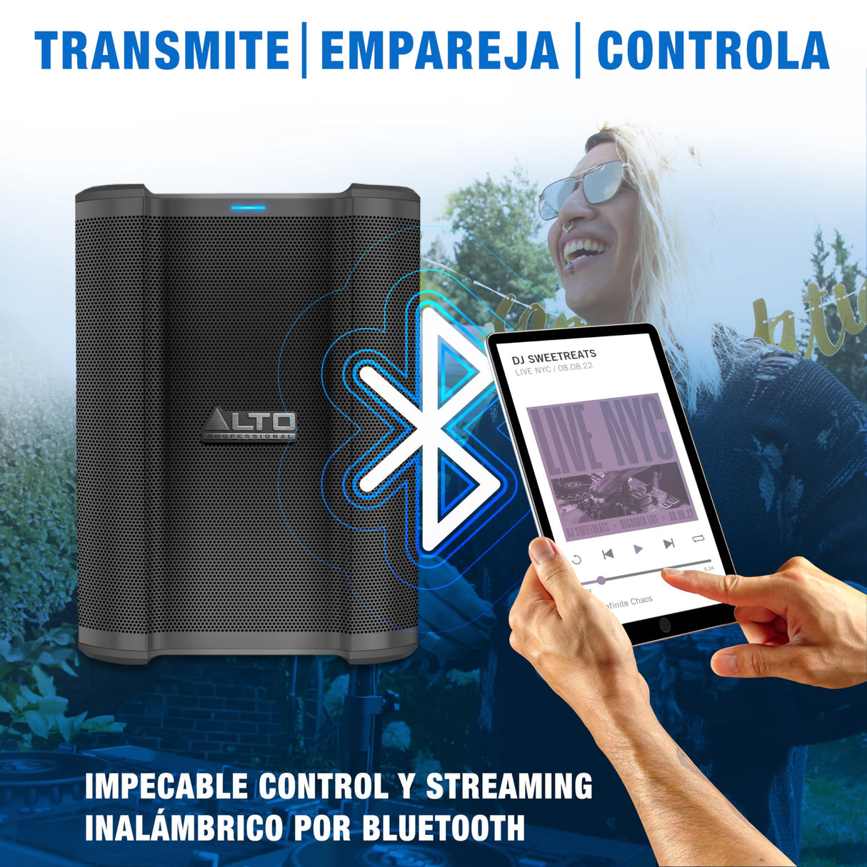 Alto Busker Altavoz Autoamplificado Portátil Grande de 200W con Bluetooth, Batería Recargable, Mesa de Mezclas 3 Canales, Alesis FX, App, Carga USB
