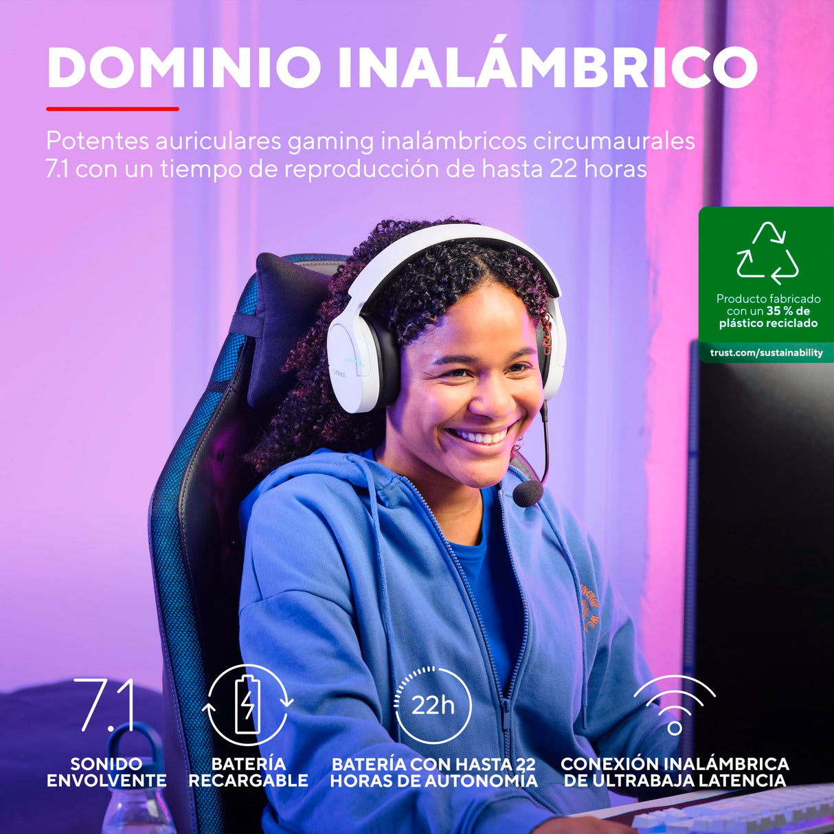 Trust Gaming GXT 491W Fayzo Cascos Gaming Inalámbricos Bluetooth + 2.4 GHz, 7.1 Sonido Envolvente, Batería de 22 Horas, Auriculares Inalámbricos RGB Over-Ear PC PS5 PS4 Switch - Blanco