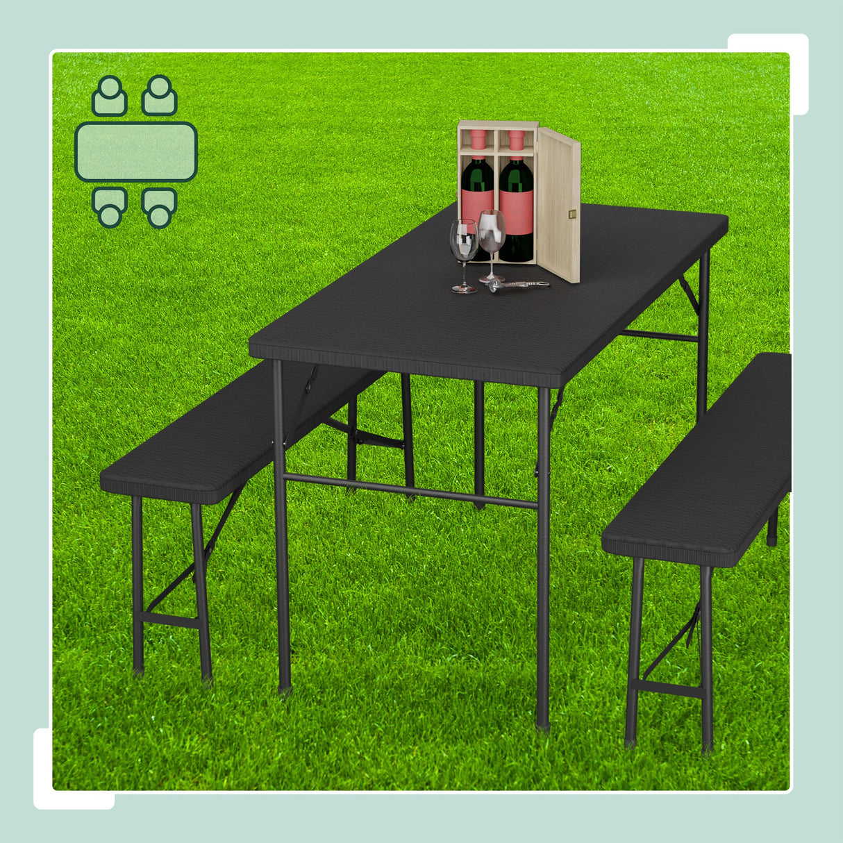 Relaxdays Conjunto Jardín Plegable, 3 Piezas, Mesa de Exterior, 2 Bancos Patio, Camping o Recepción, Efecto Ratán, Negro, Acero, 73 x 120 x 61 cm