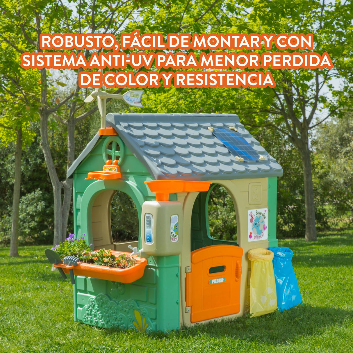 FEBER - Recycle Eco House, Casita Infantil Hecha de Plástico Reciclado, Puerta Abatible, Colores Luminosos y Resistentes a la Luz Solar, Montaje Fácil, A Partir de 3 años, Famosa (FEH26000)