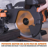 Evolution Power Tools R210SMS+ Ingletadora deslizante multimaterial de 210 mm, con paquete Plus, Corta acero dulce, aluminio, plástico, madera con clavos incrustados, 230 V