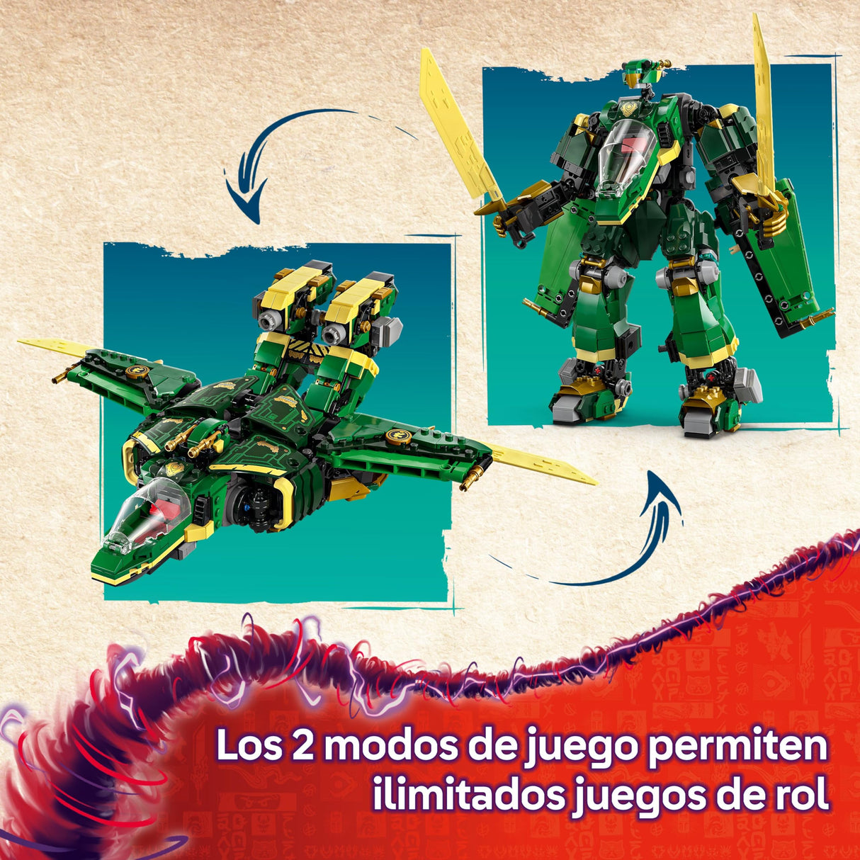 LEGO Ninjago 2 en 1 Meca Reactor de Lloyd - Figura Articulada Transformable en Avión Reactor - 5 Minifiguras Inc. Sora y Lloyd - Moto y Dragón de Juguete - Regalo para Niños de 9+ Años 71845