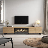 Skraut Home | Mueble TV | Televisión | Muebles de salón, almacenaje | 288x57x35 cm | para TV Gran Formato | Chimenea eléctrica XXL | Diseño Industrial | Estilo Moderno | Roble