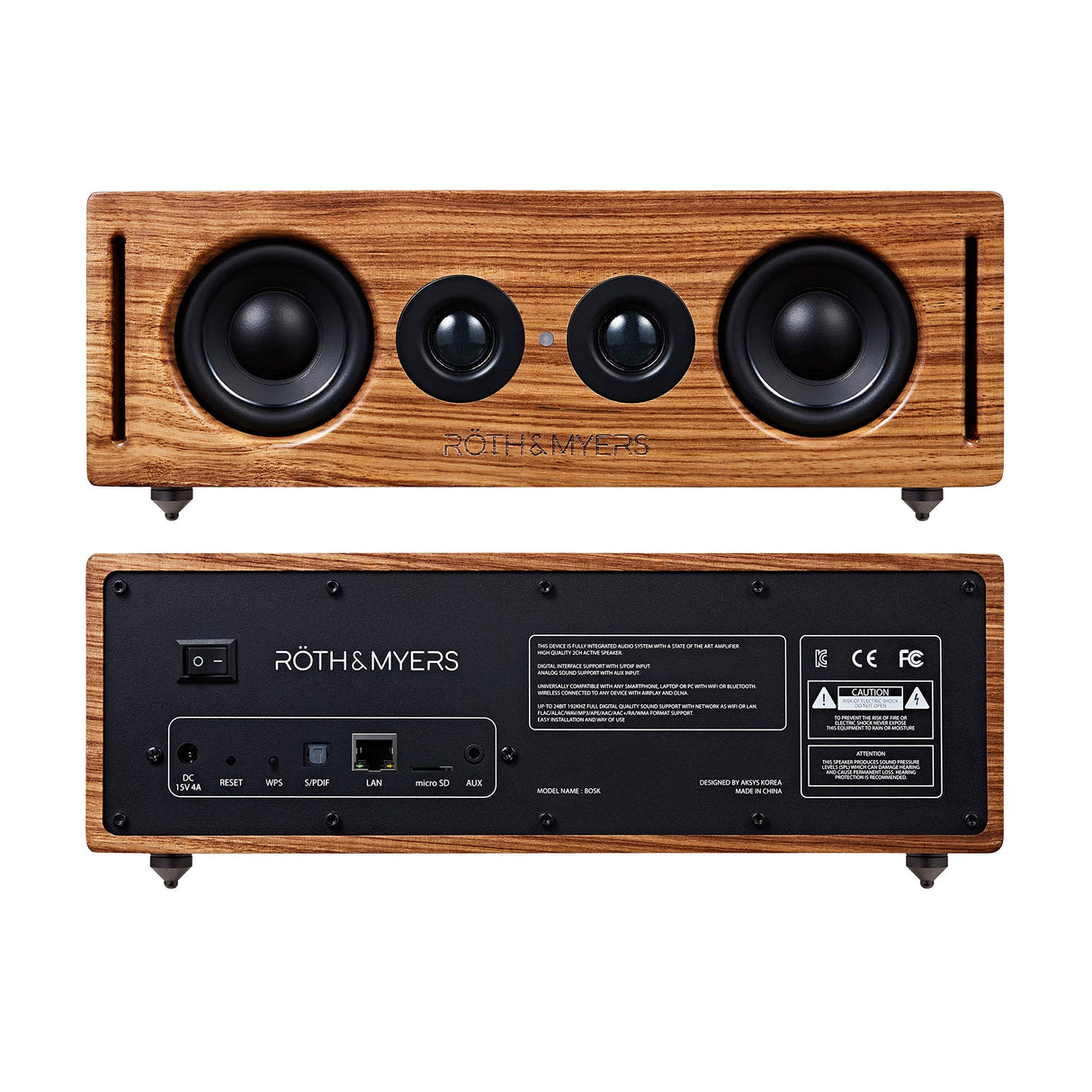 RÖTH & MYERS Bosk Speaker HiFi - Altavoz WiFi/Bluetooth. Altavoz de estantería. Diseño Único en Madera de Zebrano 100% Natural, Multiroom y Multichannel. Spotify, Airplay, DLNA, Óptica, 70W,