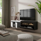 Skraut Home | Mueble TV | Televisión | Muebles de salón, almacenaje | 200x45x35cm | para TV hasta 80" | Chimenea eléctrica | Colgado, Suspendido | Estilo Moderno | Blanco y Negro