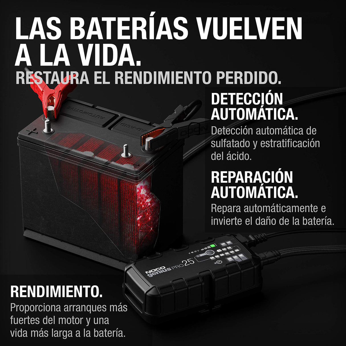 NOCO GENIUSPRO25: Cargador de Batería Profesional 25A, 6V, 12V y 24V, Mantenedor y Desulfatador para Baterías de Plomo-Ácido y Litio