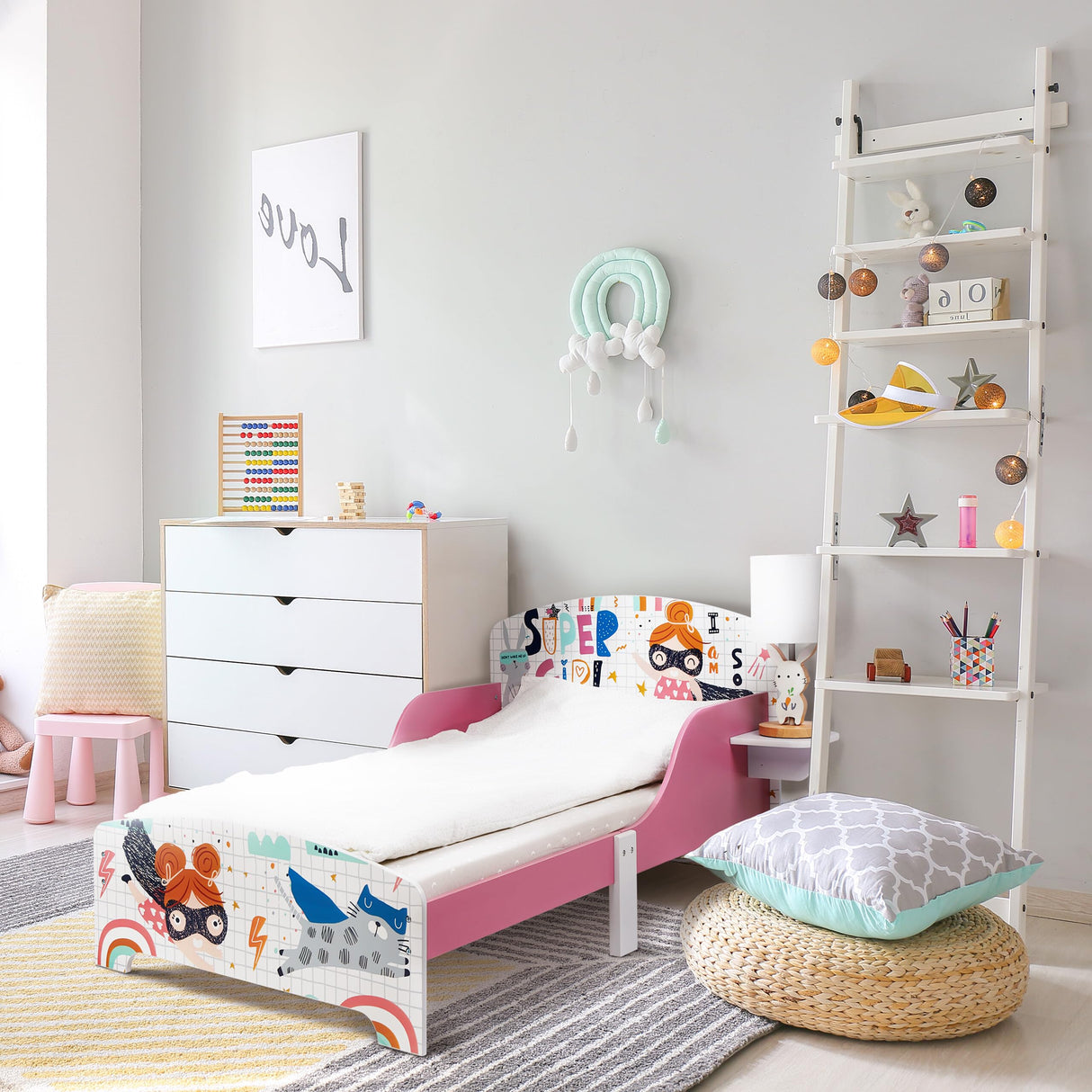Relaxdays Cama Infantil con Estante, Baja, Somier Láminas, Barandillas, Diseño Superheroína, 60x94x143cm, Multicolor