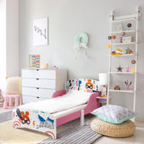 Relaxdays Cama Infantil con Estante, Baja, Somier Láminas, Barandillas, Diseño Superheroína, 60x94x143cm, Multicolor
