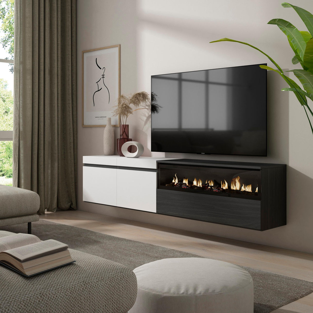 Skraut Home | Mueble TV | Televisión | Muebles de salón, almacenaje | 200x45x35cm | para TV hasta 80" | Chimenea eléctrica | Colgado, Suspendido | Estilo Moderno | Blanco y Negro