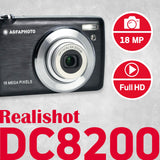 AGFA Photo Realishot DC8200 - Cámara Digital Compacta, 18MP, Video Full HD, Pantalla LCD 2.7'', Zoom Óptico 8X, Batería de Litio y Tarjeta SD de 16GB - Negro