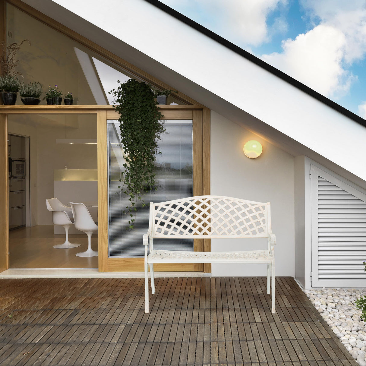 Relaxdays Banco Jardín, 2 Plazas, Terraza, Balcón, Aluminio Fundido, 83x103x64 cm, Asiento Antiguo Exterior, Blanco/Oro