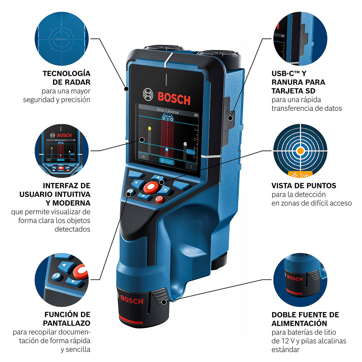 Bosch Professional Detector D-tect 200 C (detección de cables con y sin tensión, tuberías de metal y plástico, pernos de madera y cavidades, cable USB-C™, 4 pilas AA, bolsa protectora)