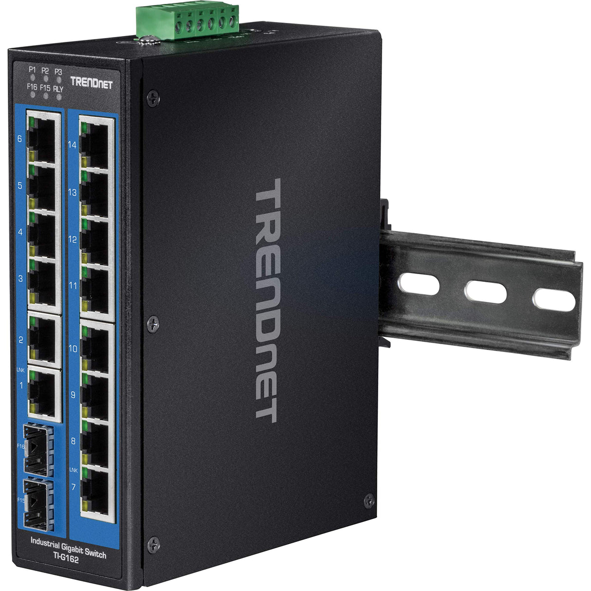 TRENDnet, TI-G162, Switch DIN-Rail Gigabit Industrial de 16 Puertos, 14 Puertos Gigabit, 2 Ranuras SFP Gigabit, Capacidad de conmutación de 32 Gbps