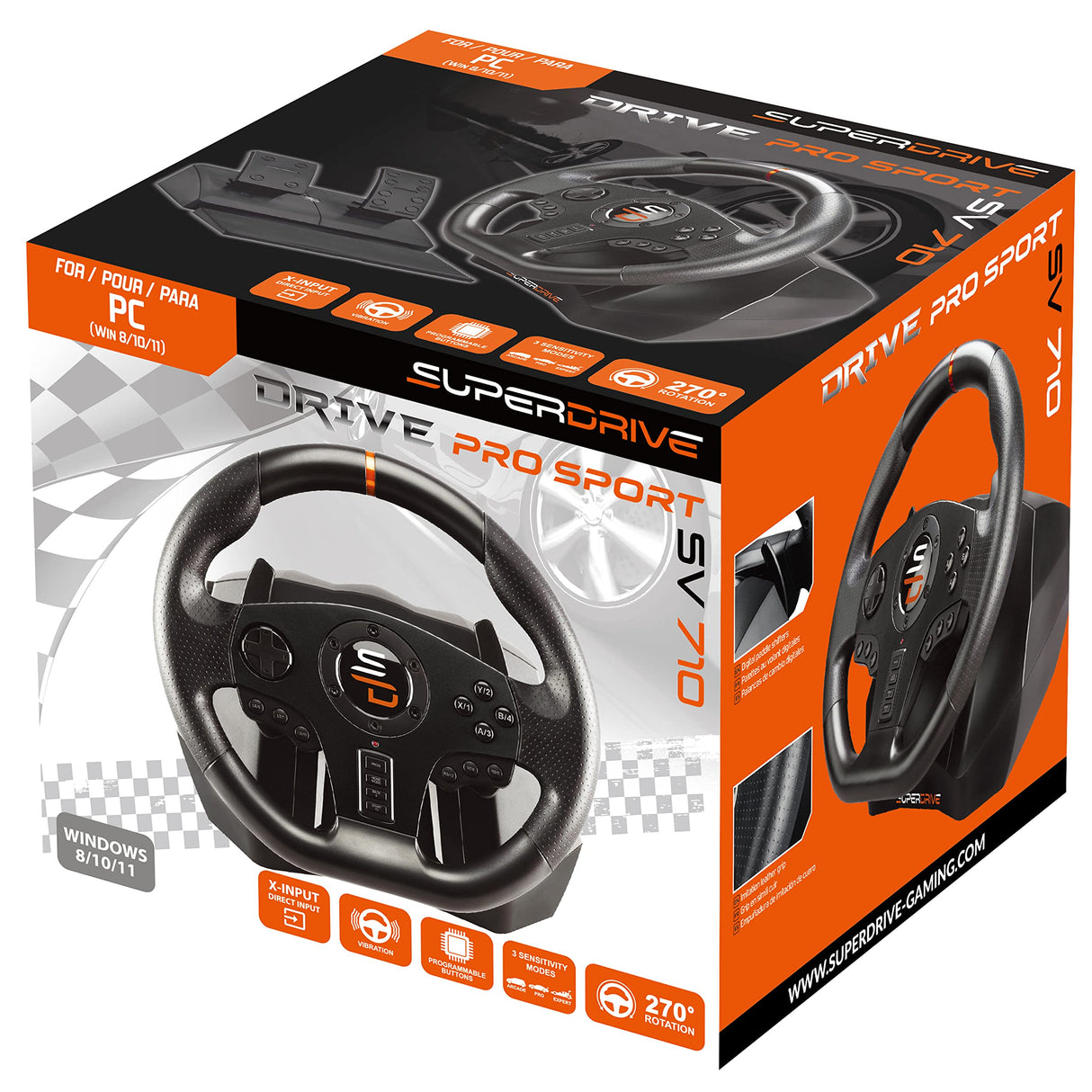 Superdrive - Volante de carreras SV710 con pedales, paletas de cambio y vibración - Compatible con PC (programable para todos los juegos)