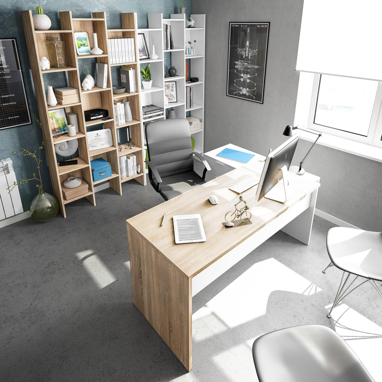 Habitdesign Escritorio con Cajonera, Mesa de Oficina, Modelo Office BUC, Acabado en Blanco Artik y Roble Cananadian, Medidas: 145 cm (Largo) x 102 cm (Fondo) x 73 cm (Alto)