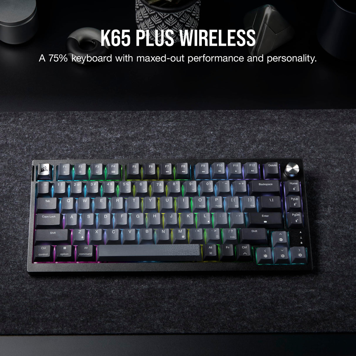Corsair K65 Plus Wireless 75% RGB Teclado mecánico para Juegos Intercambiable en Caliente - Interruptores lineales Rojos MLX prelubricados - Supresión de Ruido de Doble Capa - Teclas PBT -