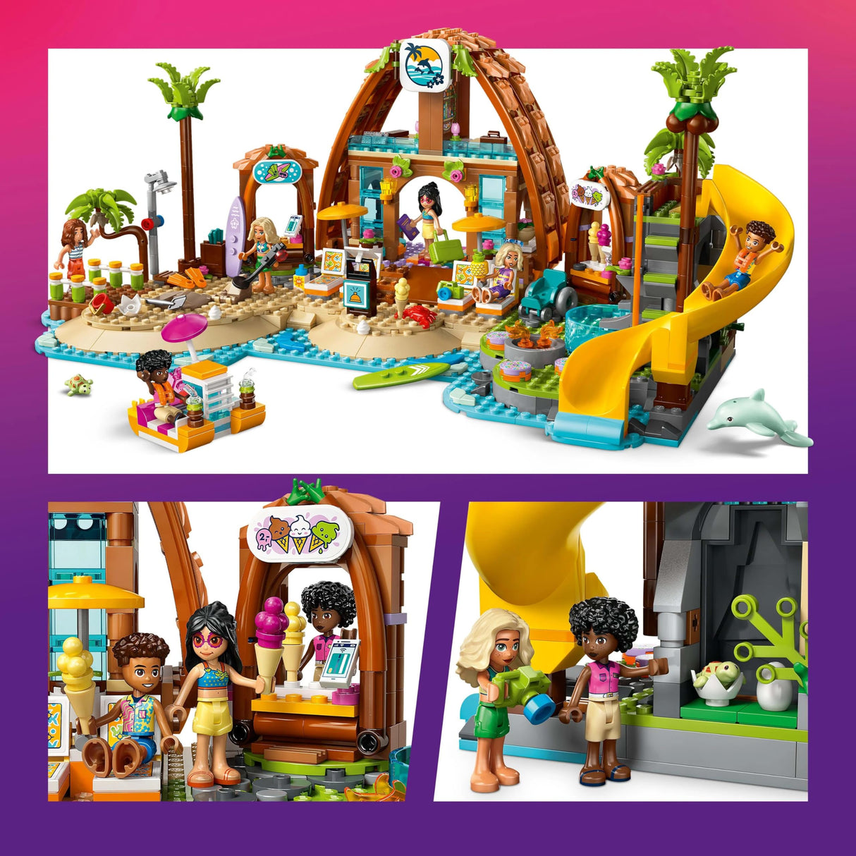 LEGO Friends Hotel de Vacaciones Familiares en la Playa - Juguete con 6 Mini Muñecas, Figuras de Animales (Tortuga y Delfín), Heladería y Accesorios - Regalo para Niñas de 8+ Años 42673