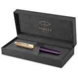 Parker 51 pluma estilográfica | cuerpo de lujo de color ciruela con adorno dorado | plumín fino de 18 K con cartucho de tinta negra | estuche de regalo