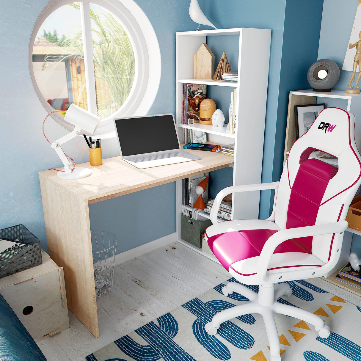 duehome | Escritorio Juvenil con Estanteria Reversible, Mesa de Ordenador, Modelo Cosmic, Acabado en Blanco Artik y Roble Canadian, Medidas: 120 cm (Largo) x 53 cm (Ancho) x 144 cm (Alto)