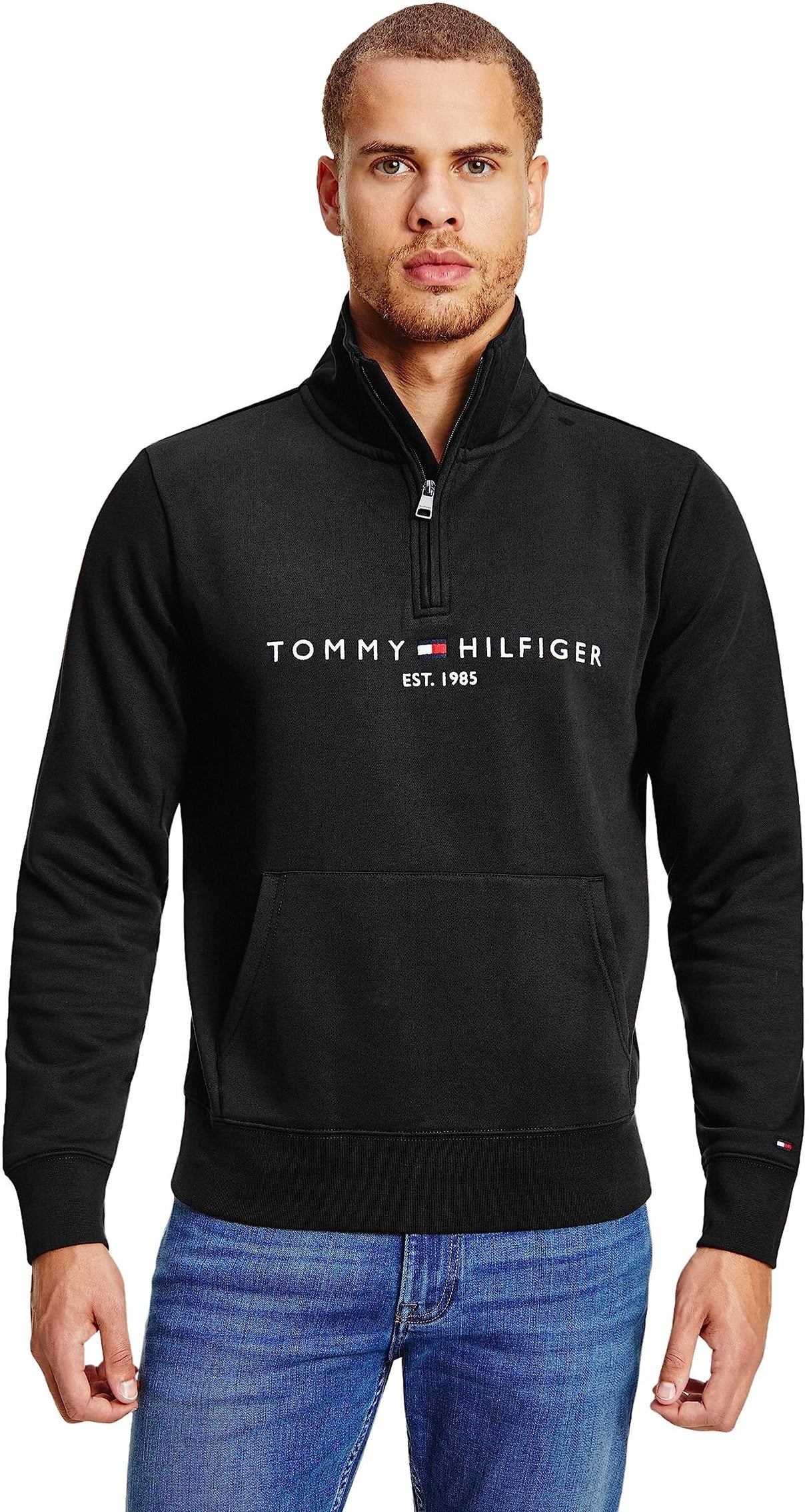 Tommy Hilfiger Hombre Sudadera con Cremallera Mockneck con Media Cremallera, Negro (Black), M
